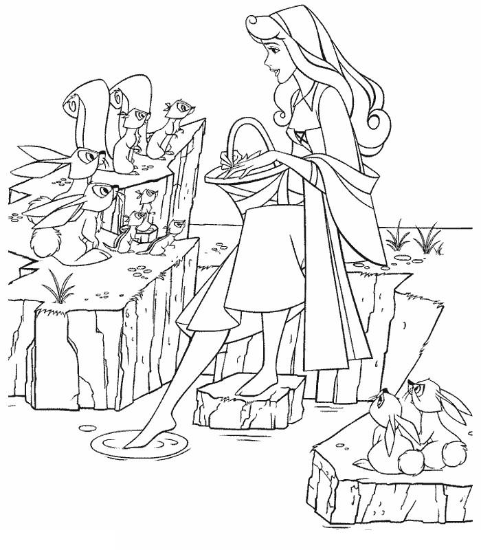 coloriage la belle au bois dormant et les animaux de la foret